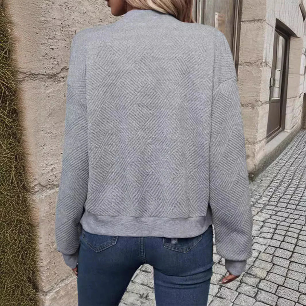 New Fashionable Plaid Zipper Round Neck Long Sleeve Jacket Women