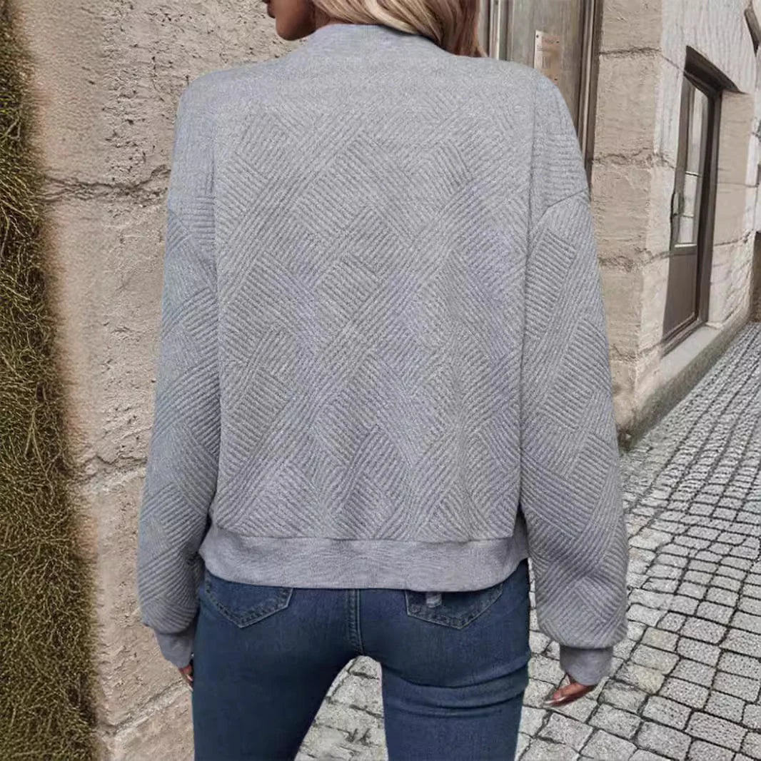 New Fashionable Plaid Zipper Round Neck Long Sleeve Jacket Women