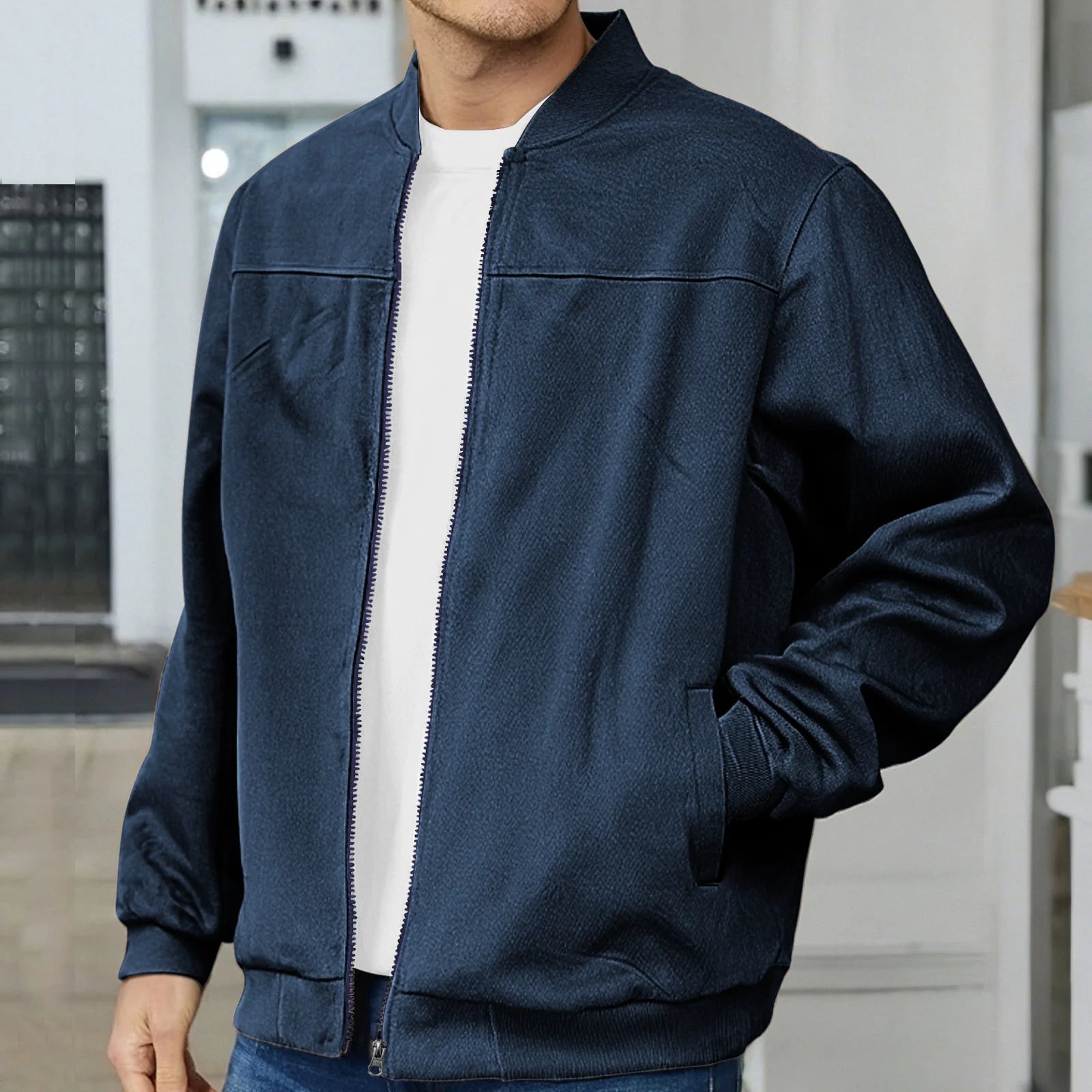Suede solid-color men's zipper jacket